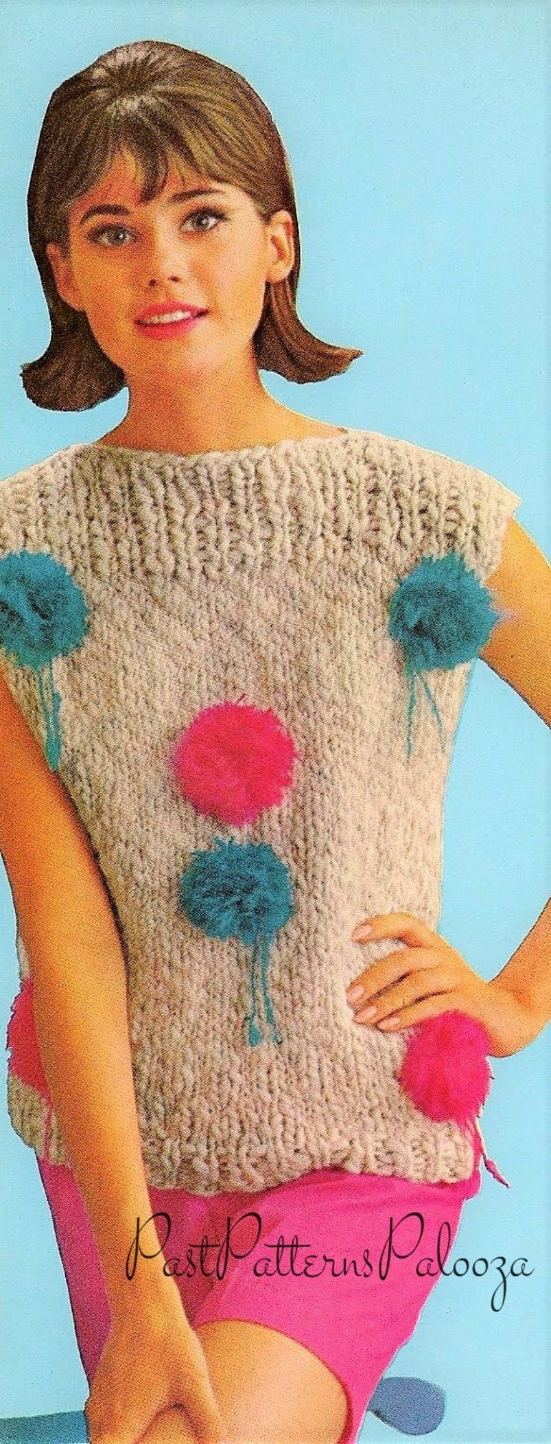 Vintage Knitting Pattern Womens Knit Pompom Shell Top Short Sleeve Sweater Summer Pullover PDF Instant Digital Download Mohair Bulky 12 Ply