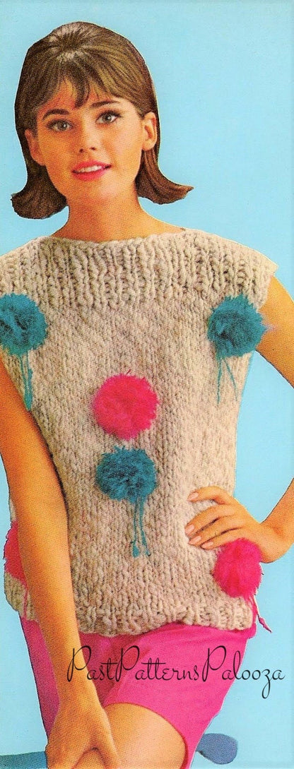 Vintage Knitting Pattern Womens Knit Pompom Shell Top Short Sleeve Sweater Summer Pullover PDF Instant Digital Download Mohair Bulky 12 Ply