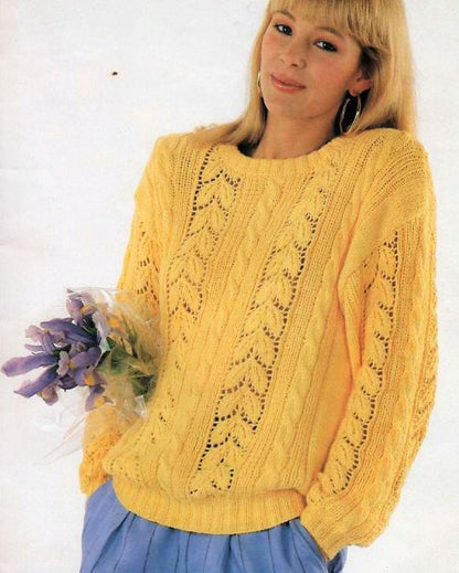 Vintage Knitting Pattern Womens Lacy Leaf Panel Summer Tops Loose Knit Cotton Short & Long Sleeved PDF Instant Digital Download DK
