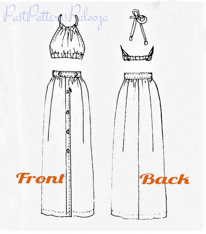 Vintage Sewing Pattern Womens Cotton Seersucker Midriff Halter Top & Maxi Skirt Set PDF Instant Digital Download Retro Boho 2-Piece Outfit