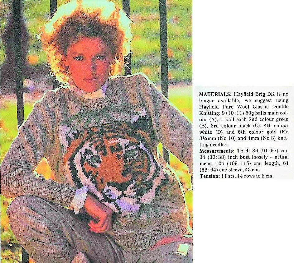 Vintage Knitting Pattern Womens Tiger Face Sweater PDF Instant Digital Download Retro Animal Motif Pullover Jumper DK