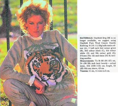 Vintage Knitting Pattern Womens Tiger Face Sweater PDF Instant Digital Download Retro Animal Motif Pullover Jumper DK