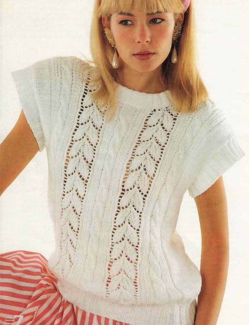 Vintage Knitting Pattern Womens Lacy Leaf Panel Summer Tops Loose Knit Cotton Short & Long Sleeved PDF Instant Digital Download DK