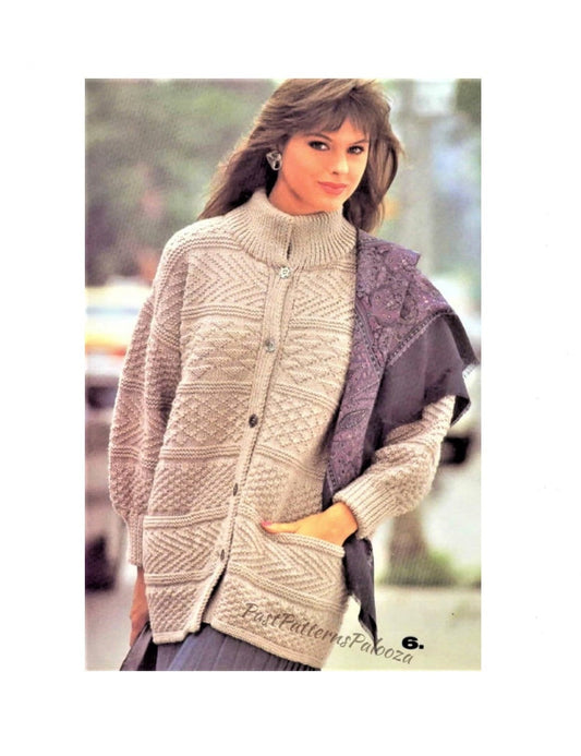 Vintage Knitting Pattern Womens Knit Textured Sampler Panel Sweater Jacket Coat PDF Instant Digital Download Aran 10 Ply