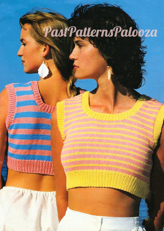 Vintage Knitting Pattern Womens Summer Crop Tops Striped or Solid PDF Instant Digital Download Short Sleeve Cami Tanks DK