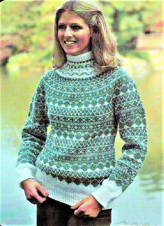 Vintage Knitting Pattern Womens Nordic Fair Isle Pullover Sweater PDF Instant Digital Download Fair Isle Mohair Turtleneck 5 Ply
