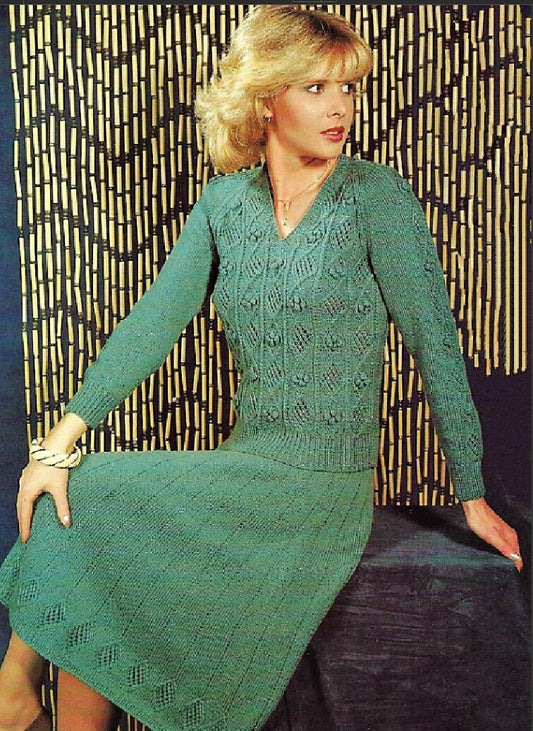 Vintage Knitting Pattern Womens Bobble Diamonds Pullover V Neck Sweater and Skirt Set PDF Instant Digital Download DK 8 Ply