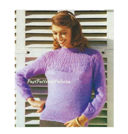 Vintage Knitting Pattern Womens Pretty Lacy Yoke Pullover Sweater Top PDF Instant Digital Download Long Sleeved Feminine Jumper DK Yarn