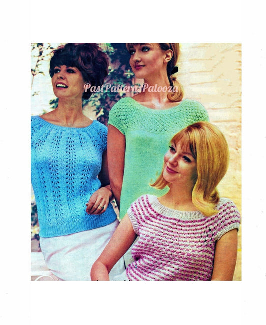 Vintage Knitting Pattern Three Womens Pretty Summer Tops Short Sleeve Pullover Jumpers PDF Instant Digital Download DK Yarn