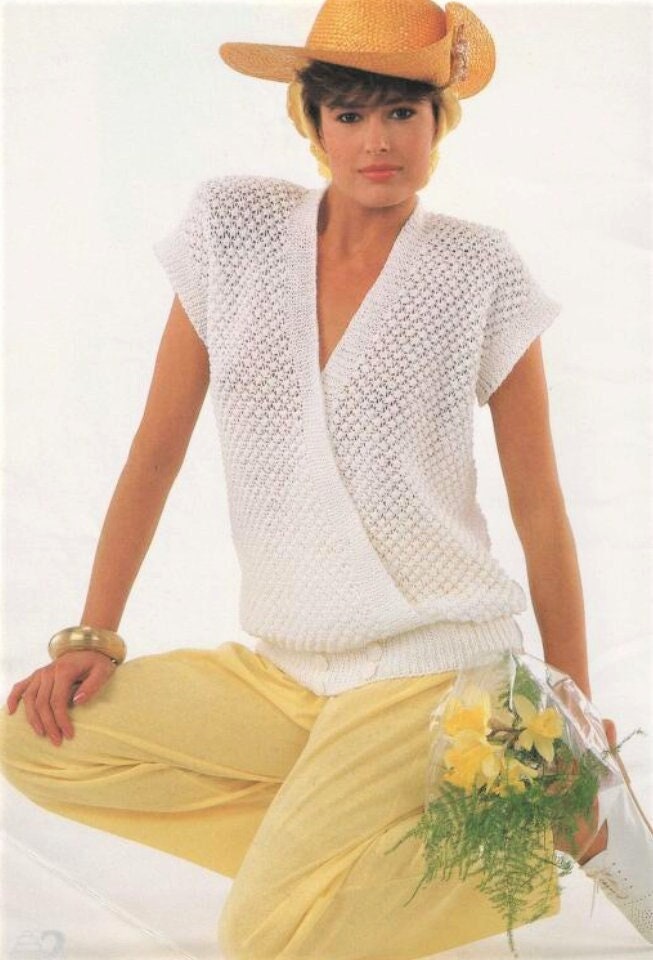 Vintage Knitting Pattern Womens Bobble Stitch Crossover Summer Top PDF Instant Digital Download Loose Knit Lacy Openwork Cotton 8 Ply