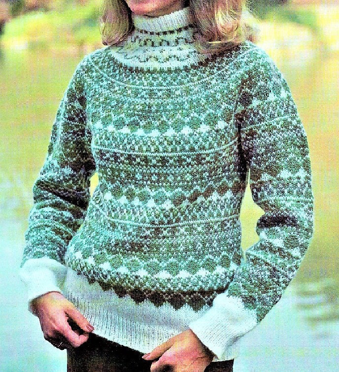 Vintage Knitting Pattern Womens Nordic Fair Isle Pullover Sweater PDF Instant Digital Download Fair Isle Mohair Turtleneck 5 Ply