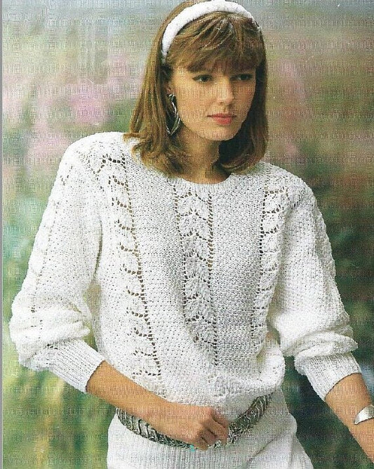 Vintage Knitting Pattern Womens Knit Seed Stitch Openwork Cables Sweater PDF Instant Digital Download Long Sleeved Jumper 5 Ply Cotton