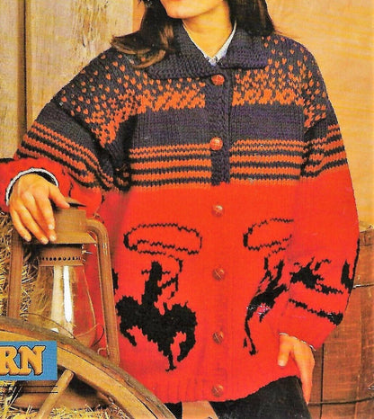 Vintage Knitting Pattern Womens Western Cardigan Jacket PDF Instant Digital Download Knit Fair Isle Cowichan Rodeo Sweater Coat Bulky 12 Ply