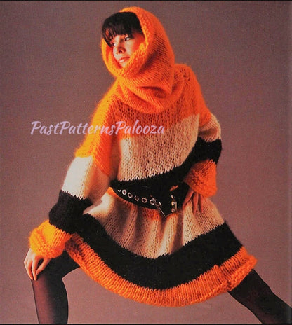 Vintage Knitting Pattern Womens Cowl Collar Hooded Stripe Dress or Tunic PDF Instant Digital Download Retro Big Needle Knits Chunky 12 Ply