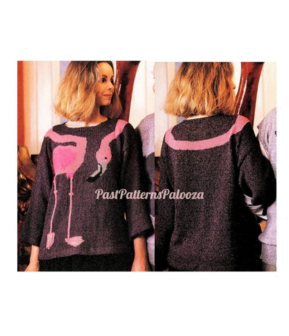 Vintage Knitting Pattern Flamingo Sweater Wraparound Neck PDF Instant Digital Download Womens Adult Pullover Novelty Jumper DK 8 Ply