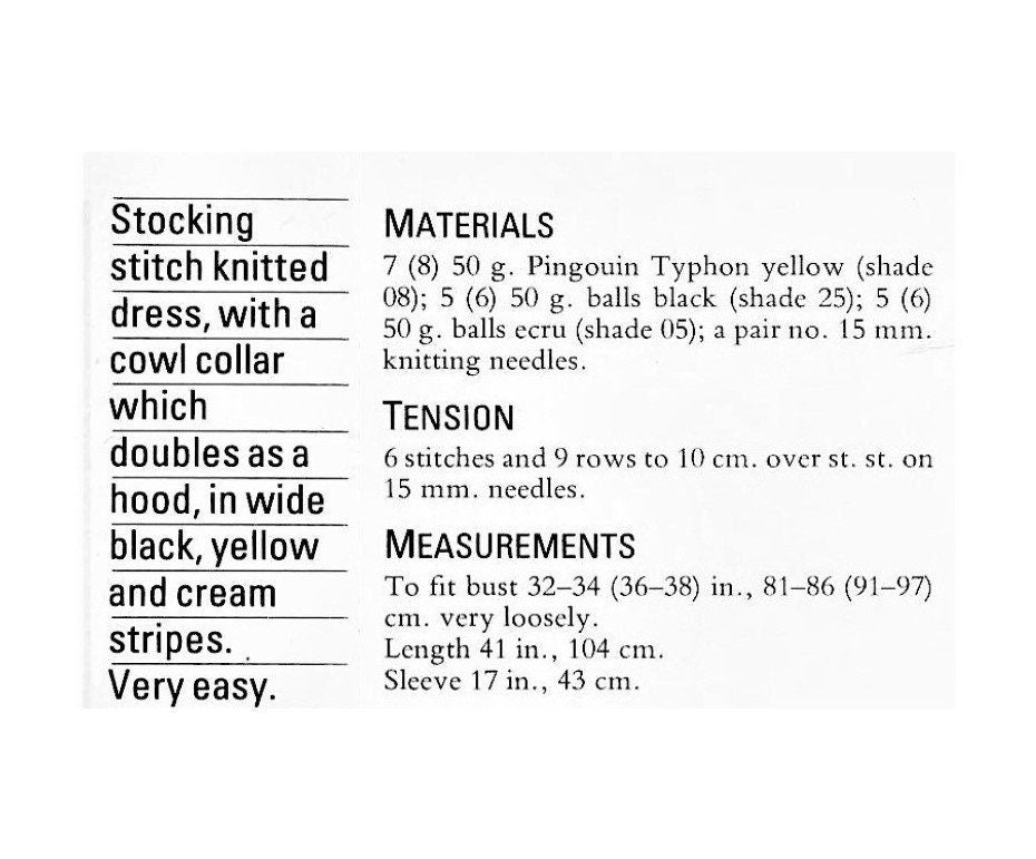 Vintage Knitting Pattern Womens Cowl Collar Hooded Stripe Dress or Tunic PDF Instant Digital Download Retro Big Needle Knits Chunky 12 Ply
