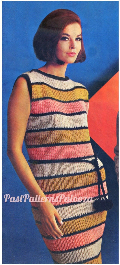 Vintage Knitting Pattern Womens Striped Sleeveless Dress Knit Summer Shift PDF Instant Digital Download Retro Mod Boho Chic 10 Ply