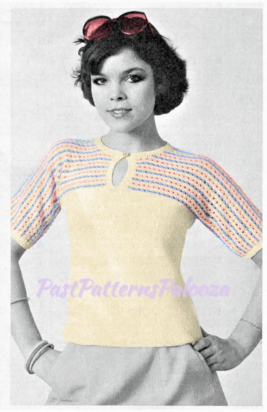 Vintage Knitting Pattern Womens Pretty Keyhole Summer Sweater Top Striped Yoke 1977 PDF Instant Digital Download Lightweight Jumper 3 Ply