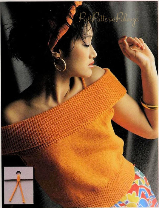 Vintage Knitting Pattern Womens Knit Fiesta Top Off Shoulder Sleeveless Sweater PDF Instant Digital Download 4 Ply