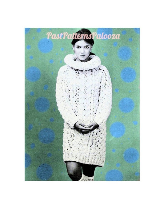 Vintage Knitting Pattern Womens Irish Fisherman Aran Mini Dress Retro Roll Collar Long Sleeves PDF Instant Digital Download Big Needle Knits