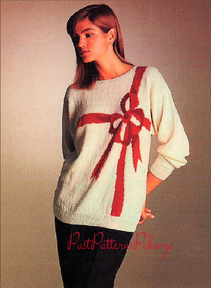 Vintage Knitting Pattern Womens Christmas Present Bow Motif Sweater PDF Instant Digital Download Holiday Pullover Jumper 3 Ply