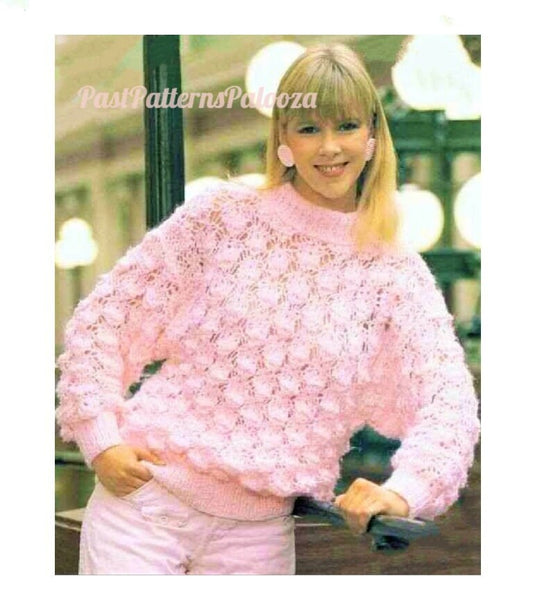 Vintage Knitting Pattern Womens Lacy Sweater Chunky Knit Crew Neck Pullover Jumper PDF Instant Digital Download 12 Ply
