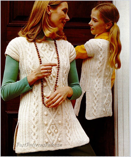 Vintage Knitting Pattern Womens Girls Cabled Aran Tunic Vests PDF Instant Digital Download 7 Years and Up 10 Ply