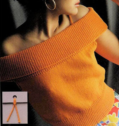 Vintage Knitting Pattern Womens Knit Fiesta Top Off Shoulder Sleeveless Sweater PDF Instant Digital Download 4 Ply