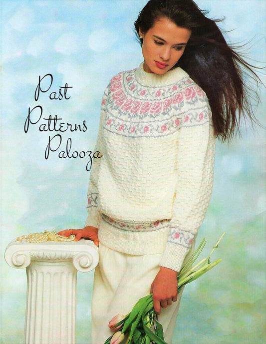 Vintage Knitting Pattern Womens Pretty Nordic Roses Sweater Fair Isle Yoke PDF Instant Digital Download Fairisle Pullover Jumper 10 Ply