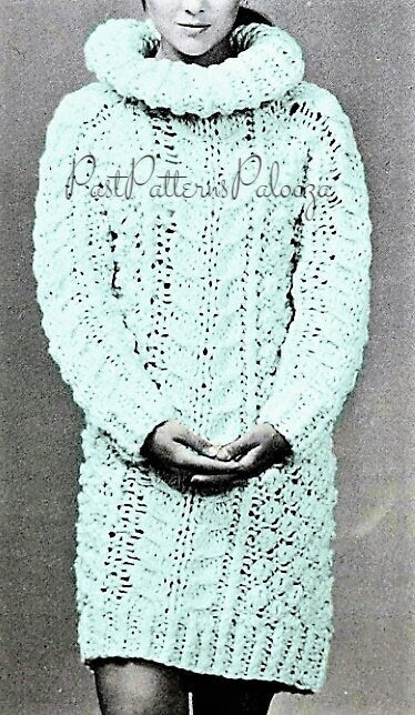 Vintage Knitting Pattern Womens Irish Fisherman Aran Mini Dress Retro Roll Collar Long Sleeves PDF Instant Digital Download Big Needle Knits