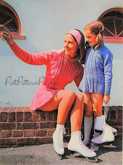 Vintage Knitting Pattern Womens Girls Pretty Cabled Ice Skating Dress PDF Instant Digital Download Mother Daughter Figure Skaters Outfits DK