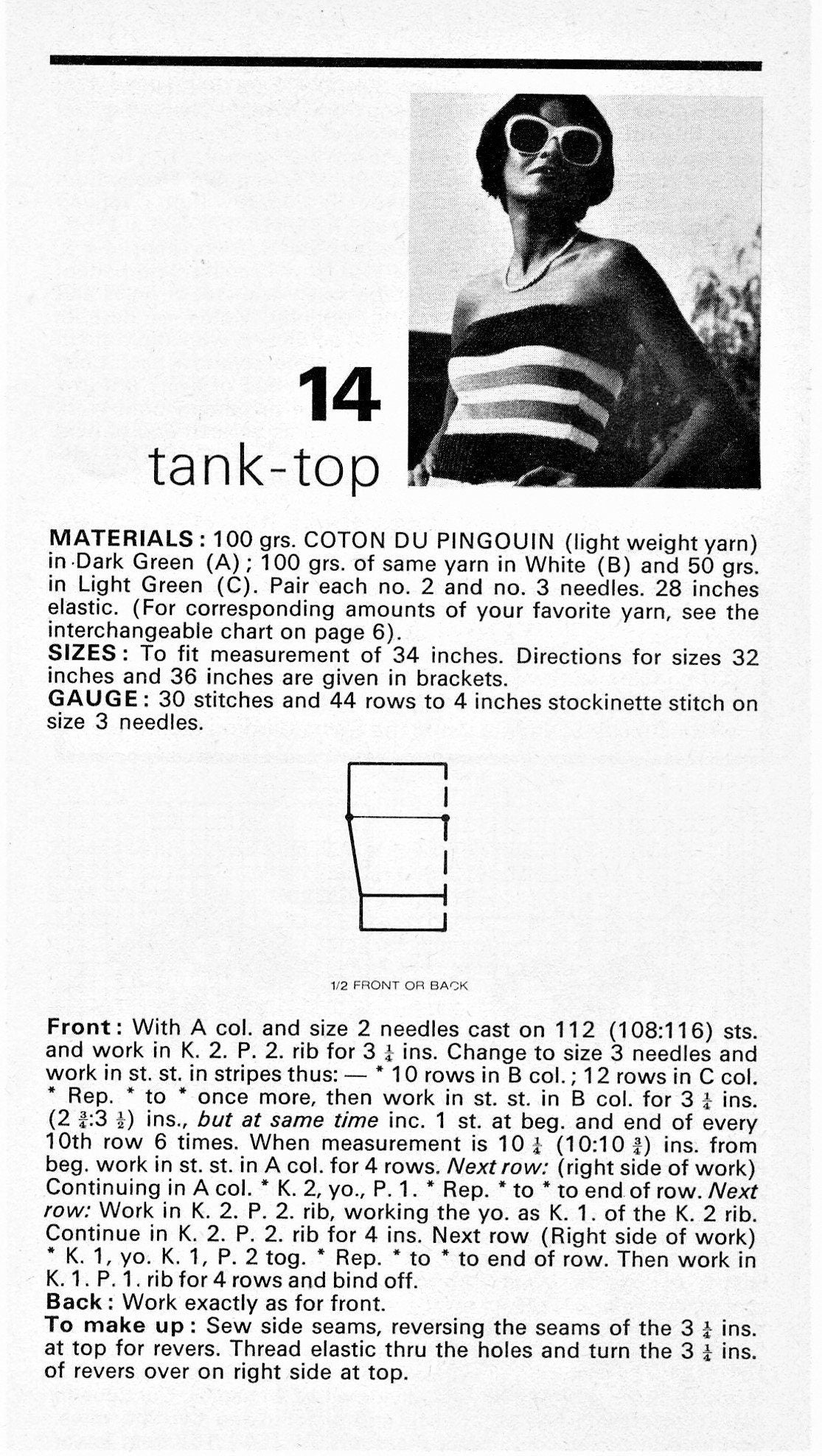 Vintage Knitting Pattern Womens Striped Tube Top Strapless Tank Sun Top PDF Instant Digital Download Quick Easy Knit Retro 1970s 4 Ply