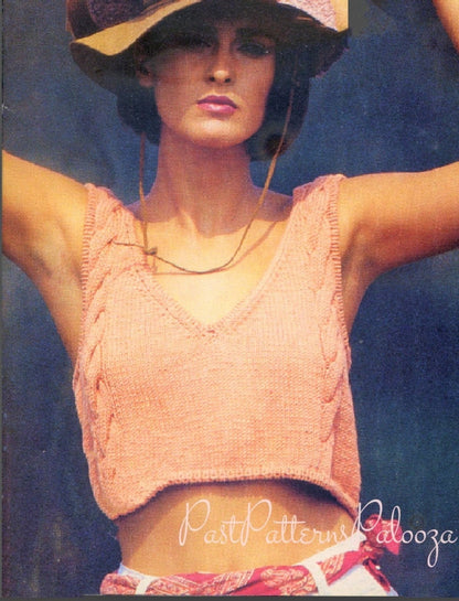 Vintage Knitting Pattern Womens Tank Crop Top Cabled Midriff PDF Instant Digital Download Cami Short Summer Pullover S M L DK 8 Ply