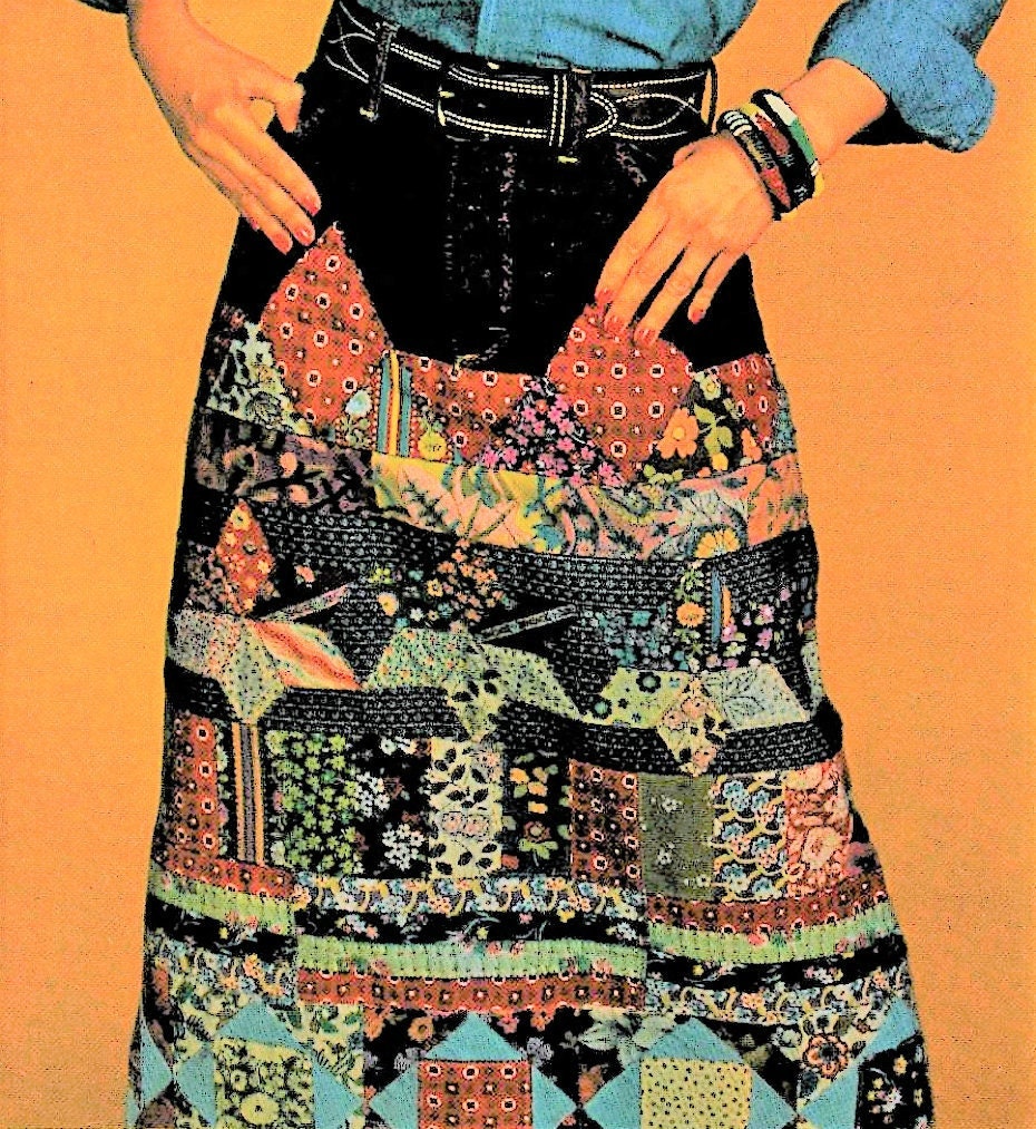 Vintage Sewing Pattern Womens Long Patchwork Denim Jean Skirt Gingham Calico Patches PDF Instant Digital Download Retro 70s Boho Hippie Chic