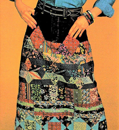 Vintage Sewing Pattern Womens Long Patchwork Denim Jean Skirt Gingham Calico Patches PDF Instant Digital Download Retro 70s Boho Hippie Chic