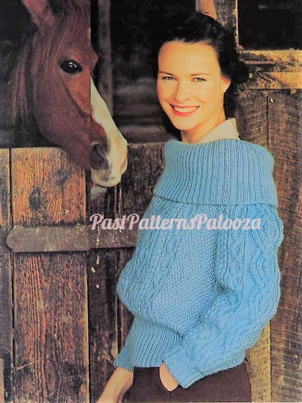 Vintage Knitting Pattern Womens Cowl Collar Sweater PDF Instant Digital Download Cable & Rib Wide Collar DK 8 Ply