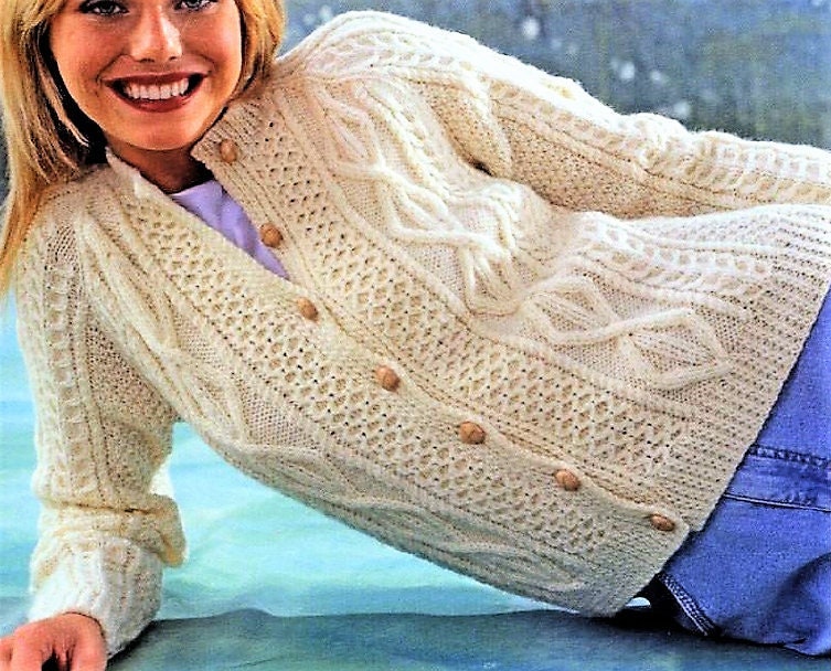Vintage Knitting Pattern Womens Traditional Cabled Aran Cardigan Jackets 2 Designs PDF Instant Digital Download 10 Ply