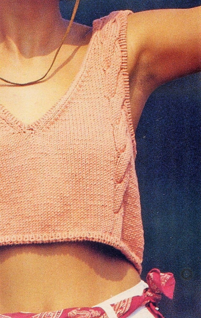 Vintage Knitting Pattern Womens Tank Crop Top Cabled Midriff PDF Instant Digital Download Cami Short Summer Pullover S M L DK 8 Ply