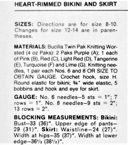 Vintage Knitting Pattern Retro Hearts and Stripes Rainbow Bikini & Beach Maxi Skirt PDF Instant Digital Download 1970s Boho Swimsuit 10 Ply