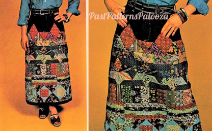 Vintage Sewing Pattern Womens Long Patchwork Denim Jean Skirt Gingham Calico Patches PDF Instant Digital Download Retro 70s Boho Hippie Chic