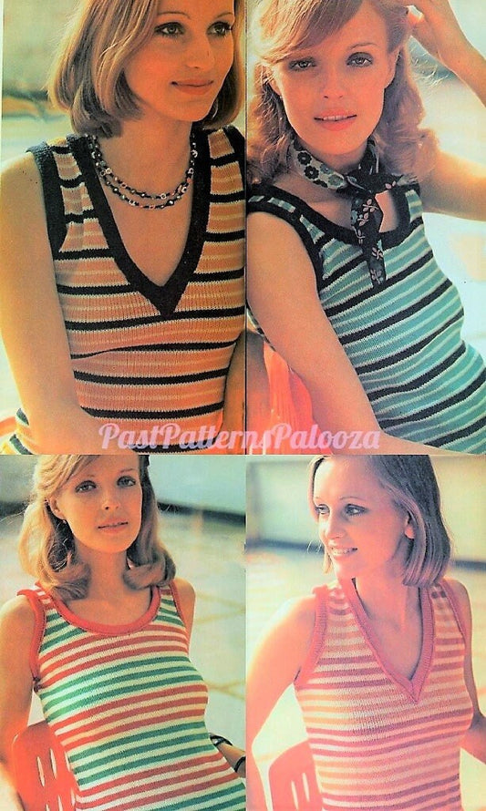 Vintage Knitting Pattern Womens Summer Striped Tops Round V Neck Sleeveless Tank Tees PDF Instant Digital Download 4 Ply