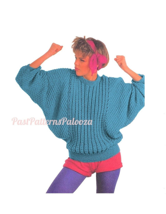Vintage Knitting Pattern Womens Retro Dolman Batwing Sweater Loose Roomy Faux Cable Jumper PDF Instant Digital Download DK Yarn