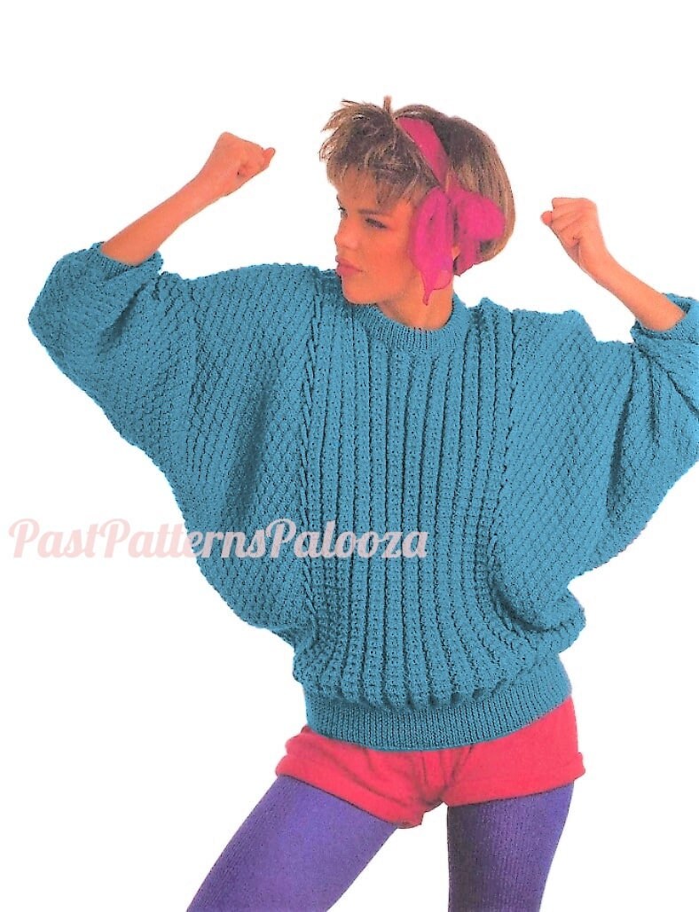 Vintage Knitting Pattern Womens Retro Dolman Batwing Sweater Loose Roomy Faux Cable Jumper PDF Instant Digital Download DK Yarn