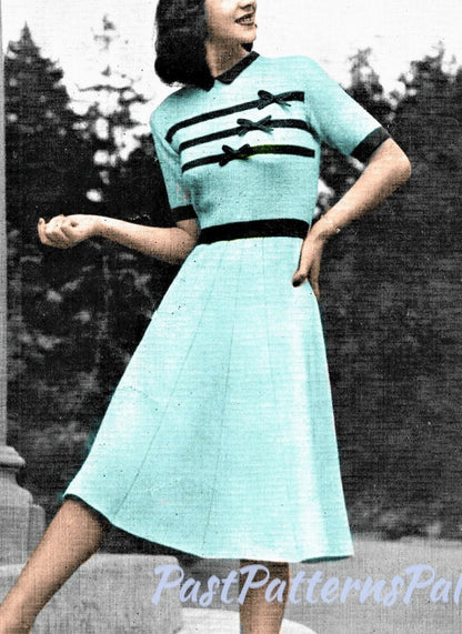 Vintage Knitting Pattern Womens Retro Ribbon Bows Dress 1940s PDF Instant Digital Download Forties Housewife Chic Feminine Frock 3 Ply