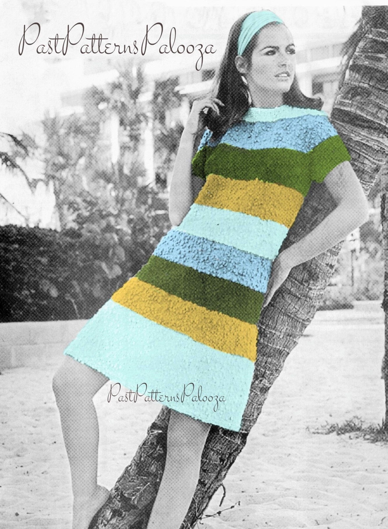 Vintage Knitting Pattern Womens Simple Skimmer Striped Summer Dress PDF Instant Digital Download Groovy Retro 1968 3 Sizes Nubby 10 Ply