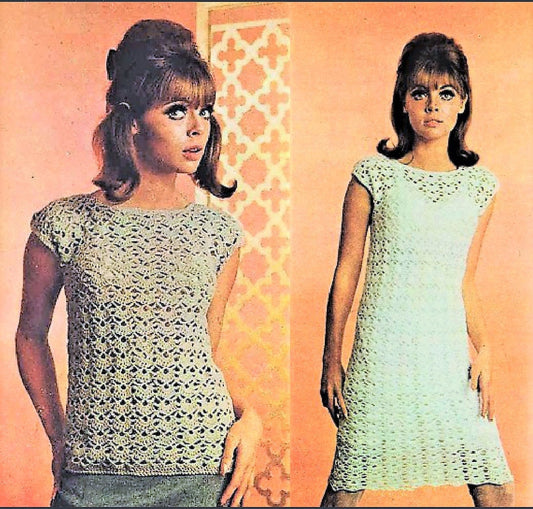 Vintage Crochet Pattern Womens Lacy Fan Stitch Summer Top and Short Skimmer Dress PDF Instant Digital Download Retro Boho Chic DK 8 Ply