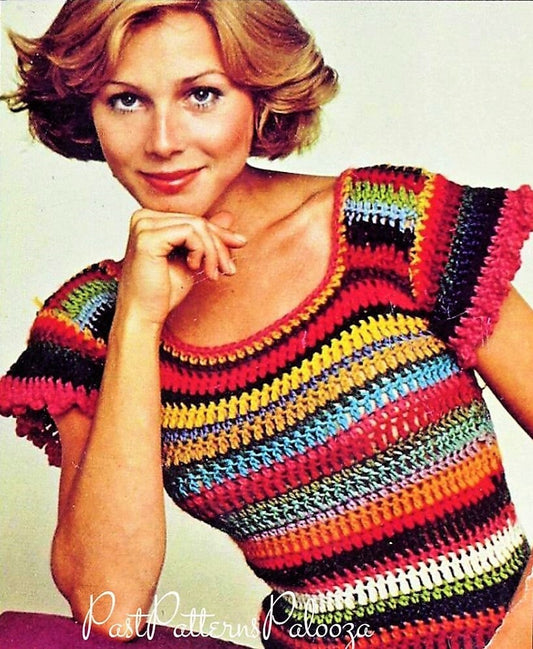 Vintage Crochet Pattern Womens Ruffle Cap Sleeved Short Striped Summer Top PDF Instant Digital Download Boho 1970s Bold Stripes DK 10 Ply
