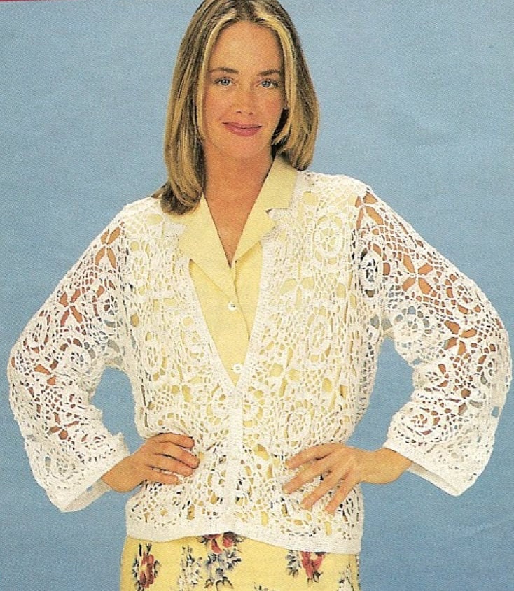 Vintage Crochet Pattern Womens Summer Lace Squares Motif Cardigan Top PDF Instant Digital Download Button Front Cotton Thread