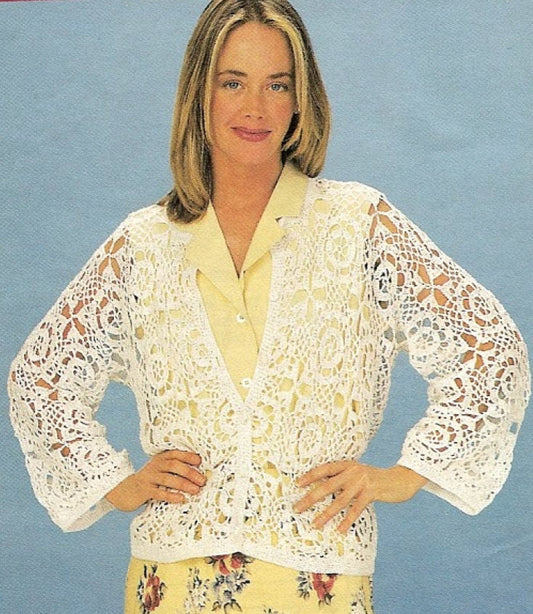 Vintage Crochet Pattern Womens Summer Lace Squares Motif Cardigan Top PDF Instant Digital Download Button Front Cotton Thread