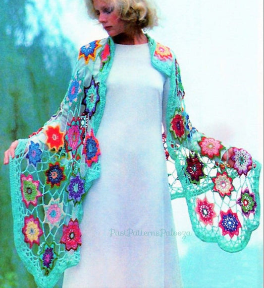 Vintage Crochet Pattern Womens Lacy Star Flower Garden Shawl Motif Design PDF Instant Digital Download Retro 70s Boho Gypsy Hippie Wear